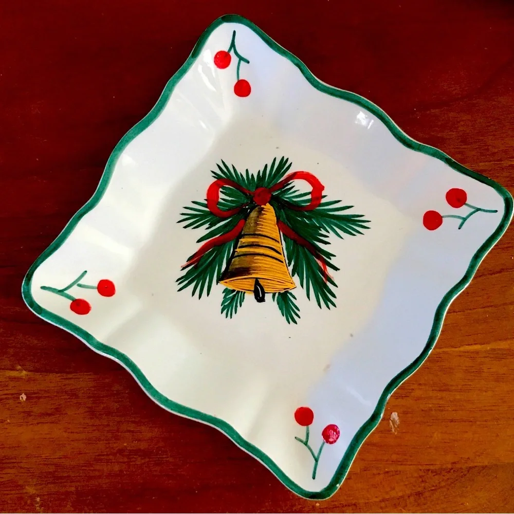 Hand Painted Christmas Holiday Dish Italy Teacher Friend Work Gift Gold Bell - Picture 2 of 2
